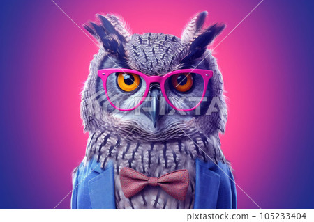 Portrait of intelligent owl wearing a pair of glasses and a tie. Bright colors. Generative AI 105233404
