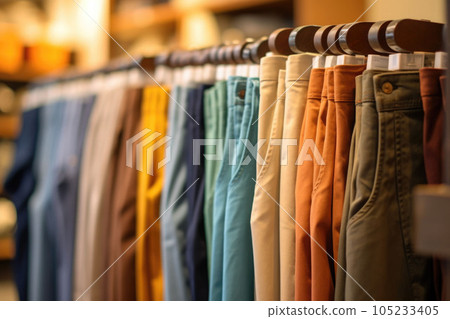 Trousers on hangers in a clothing store. Pants store, new clothes during shopping. Generative AI 105233405