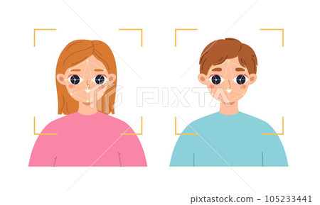 Face id concept, identification personal mobile app. Facial scan, biometric recognition and scanning. Person verification snugly vector concept Face id concept, identification personal mobile app. Facial scan, biometric recognition and scanning. Person verification snugly vector concept 105233441