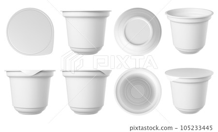 White realistic yogurt or ice cream container. Cups packaging with foil lid, plastic clear cup mockup. 3d dairy food package, isolated pithy vector set 105233445