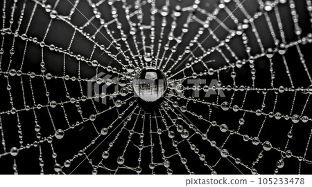 creative spider web on dark background, water drops with reflections, black and white, made with Generative AI creative spider web on dark background, water drops with reflections, black and white, made with Generative AI 105233478