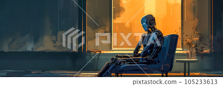cartoon art lonely abandoned robot in an old apartment, banner with copy space made with Generative AI 105233613