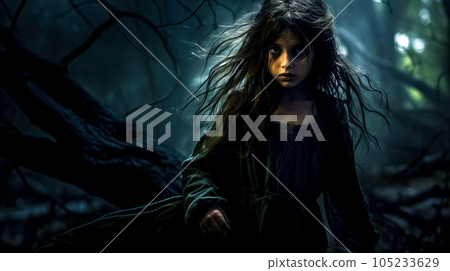 art fantasy portrait of a girl lost in a fairytale forest, a little witch, made with Generative AI 105233629