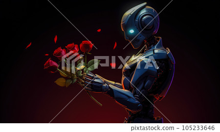 modern robot with a bouquet of red roses, gift to celebrate, made with Generative AI 105233646