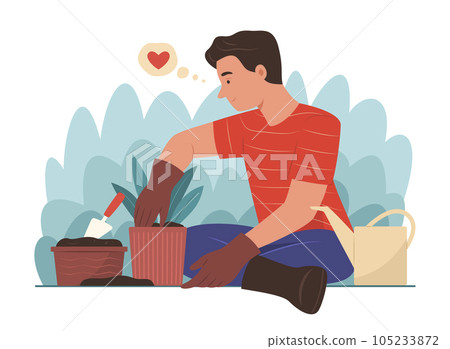 Young Man Planting a Sapling of Plant in Flower Pot Young Man Planting a Sapling of Plant in Flower Pot 105233872