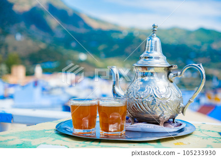 Chefchaouen town and tea set Chefchaouen town and tea set 105233930