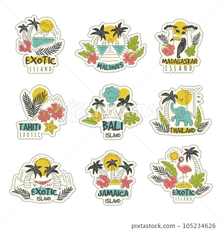 Island logo. Tropical exotic islands relaxed places in jungle with beaches recent vector emblems or badges set 105234626
