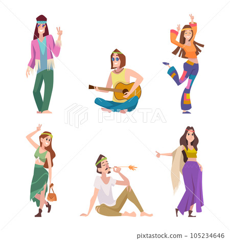 Hippie. Woodstock subculture hippie characters in various clothes exact vector cartoon people 105234646