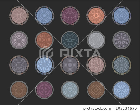 Manhole sewer. Top view for round steel sewer collection different types and textures recent vector decorative picture set Manhole sewer. Top view for round steel sewer collection different types and textures recent vector decorative picture set 105234659