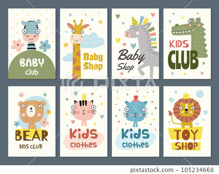 Kids cards. Birthday placards holiday invitation templates children funny symbols with place for text recent vector collection set 105234668