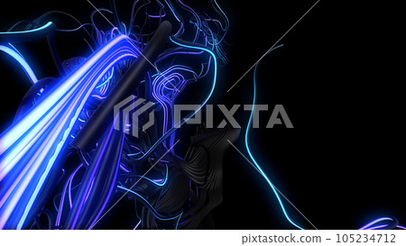 AI blue signals. Abstract background with curved glow lines like curl noise, running neon lights like garland or lightnings. Concept of neural network, artificial intelligence. 3d render AI blue signals. Abstract background with curved glow lines like curl noise, running neon lights like garland or lightnings. Concept of neural network, artificial intelligence. 3d render 105234712