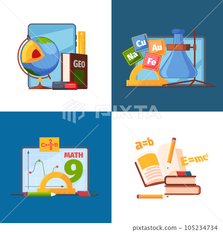 Education icon. school or university items for students. Vector chemistry and mathematics items Education icon. school or university items for students. Vector chemistry and mathematics items 105234734