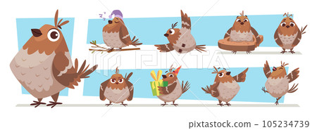 Sparrows. Cartoon birds in action poses exact vector funny sparrows communicating 105234739