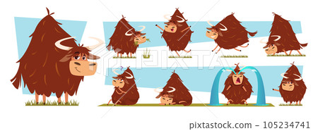 Cartoon yak. Big wild animal with fur cartoon cute bull in different action poses exact vector template 105234741