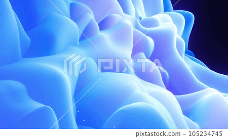 Abstract waves of soft blue matte material with light inner glow and glitters on surface. Abstract geometric surface like landscape or terrain, extrude or displace 3d noise. 3d render 105234745