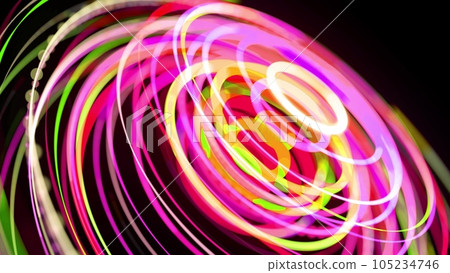 3d render. Light flow bg. Abstract background with light trails, stream of green red yellow neon lines form ring shapes. Modern trendy motion design background light effect. 105234746