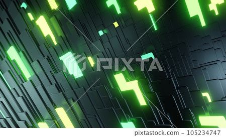 3d render. Simple geometric background with black plates flashing like green yellow neon lights. Creative colorful background. 105234747