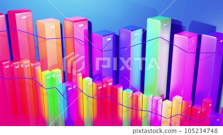 3d render. Abstract infographics background with multicolored 3d bars on blue bg. Downgrade graph from columns. Economic background with copy space. 3d bars as chart of statistic data. 105234748