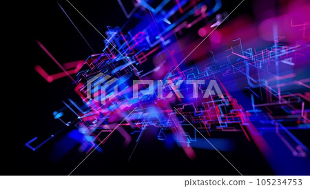 3d rendering sci-fi bg like abstract hologram. Multicolor neon glow lines form digital 3d space. Connection concept, visualization of multiple calculations of various branches neural network or AI 105234753