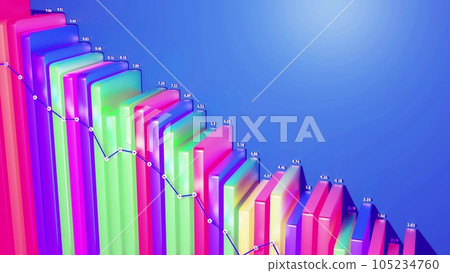 3d render. Abstract infographics background with multicolored 3d bars on blue bg. Downgrade graph from columns. Economic background with copy space. 3d bars as chart of statistic data. 105234760