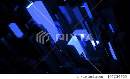 3d render. Dark science fiction blue background. Abstract dark bg neon cubes light bulbs. Different sizes cubes network lighting blue neon light. Blockchain technology visualization 105234763