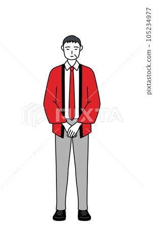 A senior male salesperson wearing a red coat who folds his hands and bows A senior male salesperson wearing a red coat who folds his hands and bows 105234977