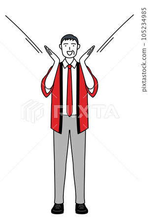 A senior male salesperson wearing a red happi coat with his hand on his mouth A senior male salesperson wearing a red happi coat with his hand on his mouth 105234985