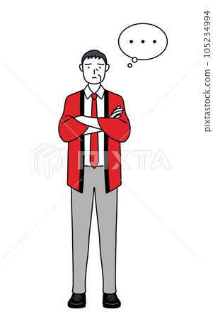 A senior male salesperson wearing a red happi coat thinking with his arms crossed 105234994