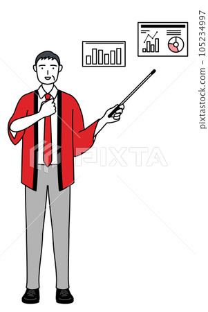 A senior male salesperson wearing a red happi coat analyzing performance graphs A senior male salesperson wearing a red happi coat analyzing performance graphs 105234997