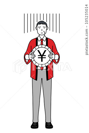 Image of exchange loss and yen depreciation, senior male salesperson wearing red happi coat Image of exchange loss and yen depreciation, senior male salesperson wearing red happi coat 105235014