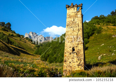 View of a village with old Svan towers in Georgia. travel in the mountains View of a village with old Svan towers in Georgia. travel in the mountains 105235218