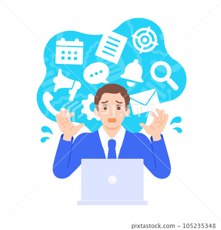 A business person who is full of business tasks and is in a hurry. Illustration material of a man in trouble. A business person who is full of business tasks and is in a hurry. Illustration material of a man in trouble. 105235348