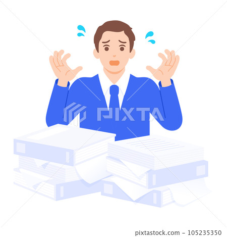 Vector illustration material of a confused businessman in front of a large amount of analog documents. 105235350