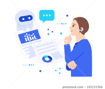 AI turns into a person and conducts research. Illustration material that shares data with business people. AI turns into a person and conducts research. Illustration material that shares data with business people. 105235368