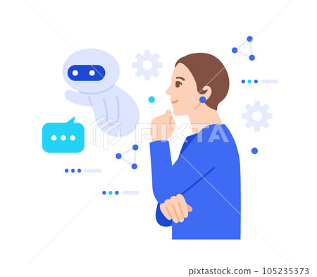 客戶開發。一位女性使用人工智能來可視化和自動化其營銷活動的插圖材料。 客戶開發。一位女性使用人工智能來可視化和自動化其營銷活動的插圖材料。 105235373