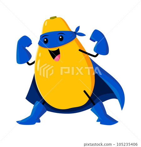 Strong cartoon mango fruit superhero character flexing muscles, displaying power and bravery. Isolated vector tropical fruity personage in blue mask and cape ready to defend city and fight the villain Strong cartoon mango fruit superhero character flexing muscles, displaying power and bravery. Isolated vector tropical fruity personage in blue mask and cape ready to defend city and fight the villain 105235406