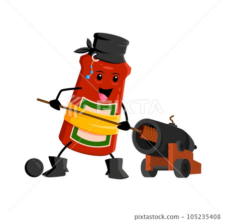 Cartoon fast food ketchup pirate and corsair character. Fast food restaurant dish tomato or chili sauce corsair cheerful personage, takeaway cafe ketchup isolated vector comical mascot loading cannon Cartoon fast food ketchup pirate and corsair character. Fast food restaurant dish tomato or chili sauce corsair cheerful personage, takeaway cafe ketchup isolated vector comical mascot loading cannon 105235408
