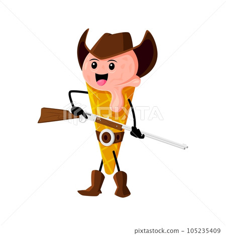 Cartoon fast food ice cream cowboy character. Gelateria cafe, street restaurant frozen dessert western sheriff funny personage, ice cream in waffle cone Wild West ranger or cowboy vector mascot Cartoon fast food ice cream cowboy character. Gelateria cafe, street restaurant frozen dessert western sheriff funny personage, ice cream in waffle cone Wild West ranger or cowboy vector mascot 105235409