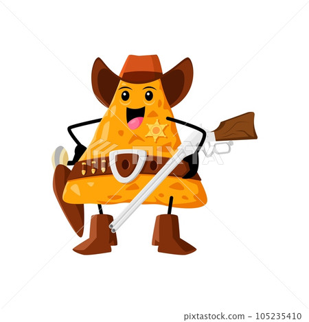 Cartoon fast food nacho chips sheriff character. Mexican street food meal western bandit happy mascot, nacho chip in cowboy hat Wild West ranger isolated vector childish personage armed with rifle Cartoon fast food nacho chips sheriff character. Mexican street food meal western bandit happy mascot, nacho chip in cowboy hat Wild West ranger isolated vector childish personage armed with rifle 105235410