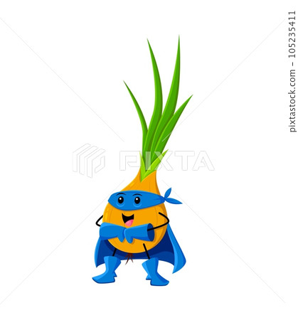 Cartoon cheerful onion vegetable superhero character. Strong vegetable hero, defender isolated vector funny personage. Shallot onion warrior comical mascot posing in blue mask, boots, gloves and cape 105235411