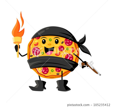 Cartoon fast food pizza pirate and corsair character. Takeaway restaurant meal corsair happy personage, street cafe pizza pirate or filibuster isolated vector childish mascot wit torch and pistol Cartoon fast food pizza pirate and corsair character. Takeaway restaurant meal corsair happy personage, street cafe pizza pirate or filibuster isolated vector childish mascot wit torch and pistol 105235412