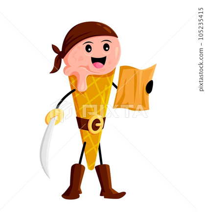 Cartoon fast food ice cream pirate and corsair character. Fast food dessert pirate comical personage, ice cream filibuster or corsair isolated vector funny mascot with treasure map and cutlass saber 105235415