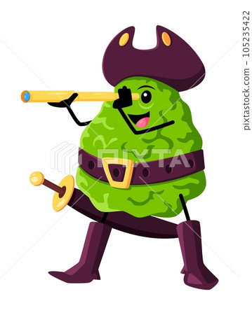 Cartoon bergamot fruit pirate character with spyglass. Isolated vector citrus with a tangy and aromatic flavor. Bold and adventurous personage, searching for treasure with a trusty spyglass in hand Cartoon bergamot fruit pirate character with spyglass. Isolated vector citrus with a tangy and aromatic flavor. Bold and adventurous personage, searching for treasure with a trusty spyglass in hand 105235422