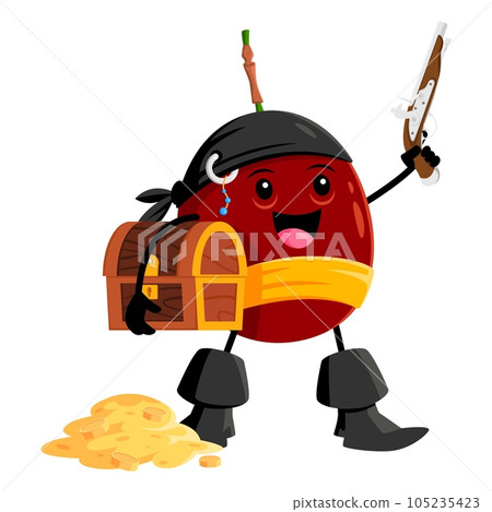 Cartoon passion fruit pirate character with gun and treasure chest. Isolated vector swashbuckling tropical fruit personage exudes adventure, courage, and cunning. Funny nautical rover or robber Cartoon passion fruit pirate character with gun and treasure chest. Isolated vector swashbuckling tropical fruit personage exudes adventure, courage, and cunning. Funny nautical rover or robber 105235423