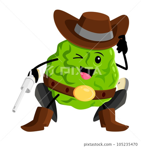 Cartoon bergamot fruit cowboy or robber character. Funny vector ranger personage wink eye Citrus tropical plant wild west hero, western healthy food, vitamin with gun, wear hat, belt and boots 105235470