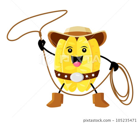 Cartoon tropical carambola or star fruit cowboy character with lasso ready to round up horse. Vector horseman wear hat, belt and boots. Range isolated fantasy fruity personage, healthy food, vitamin 105235471