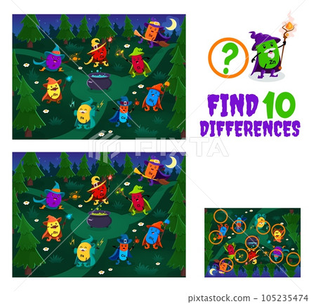 Find ten differences. Cartoon mineral and micronutrient wizards on Halloween meadow. Kids board game vector worksheet with Fe, Mn, P and Ca, Se, Mg, Cl and Cu supplement capsule characters on coven Find ten differences. Cartoon mineral and micronutrient wizards on Halloween meadow. Kids board game vector worksheet with Fe, Mn, P and Ca, Se, Mg, Cl and Cu supplement capsule characters on coven 105235474