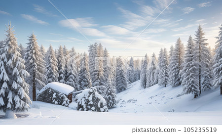 Captivating Winter Wonderland: Pine Trees Coated in Snow Create a Fantastic Scene. Generative AI. 105235519