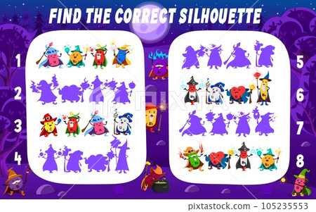 Find the correct shadow of cartoon vitamin and micronutrient wizards. Kids vector matching game worksheet with nutrient capsules for children logic activity, preschool or kindergarten education 105235553