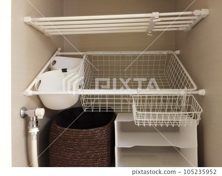 Storage above the washing machine with tension rods Storage above the washing machine with tension rods 105235952